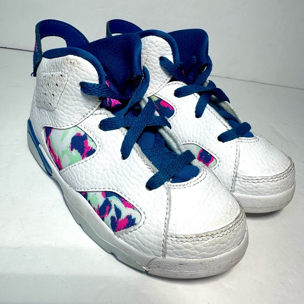 Kids Jordan 6 White and Blue Sneakers